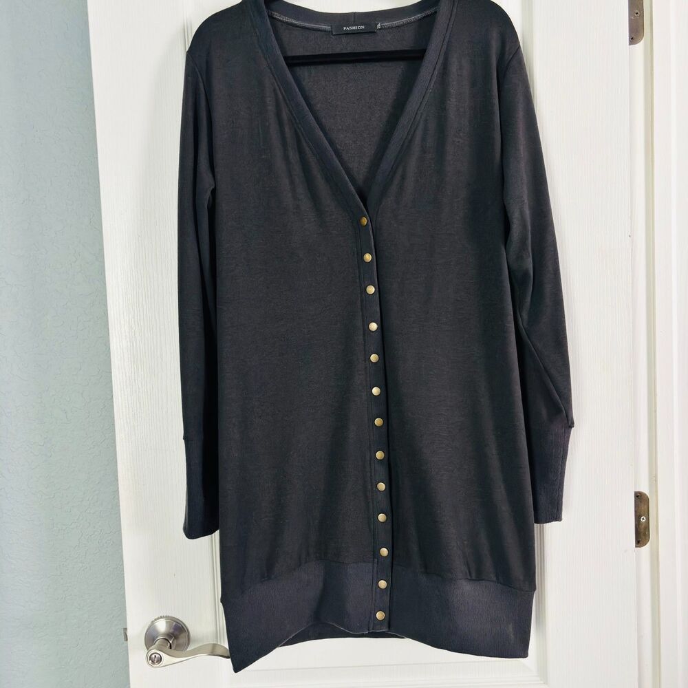 MEROKEETY Spring Knit Cardigan Sweater Snap Button Down Open Front Black Top - Picture 1 of 10